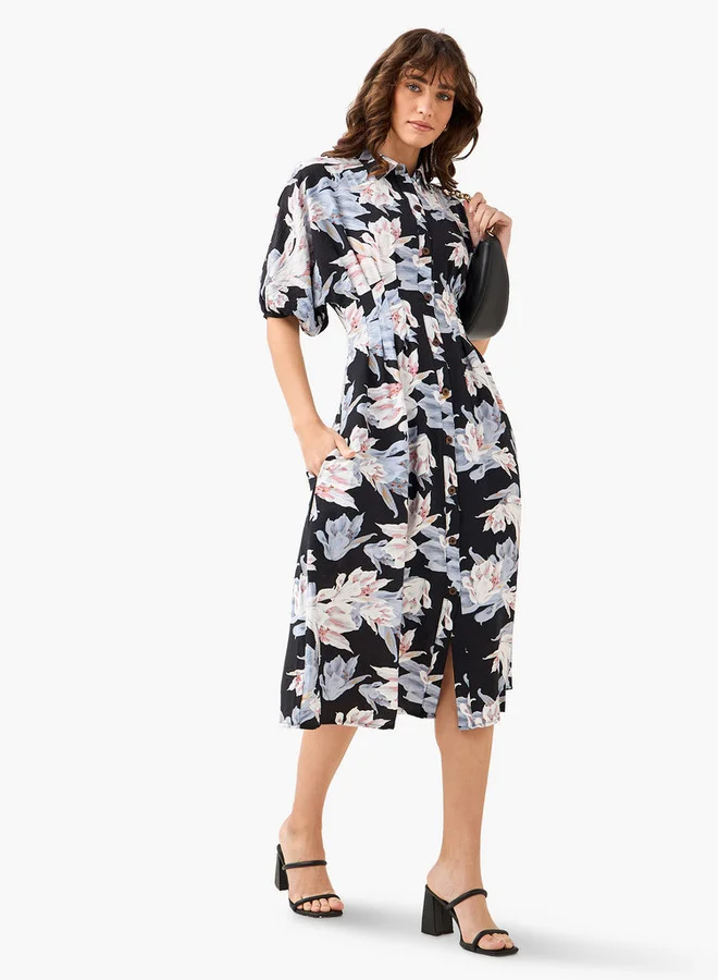سبلاش فيڤ Floral Print Shirt Style Women Dress with Collar Viscose